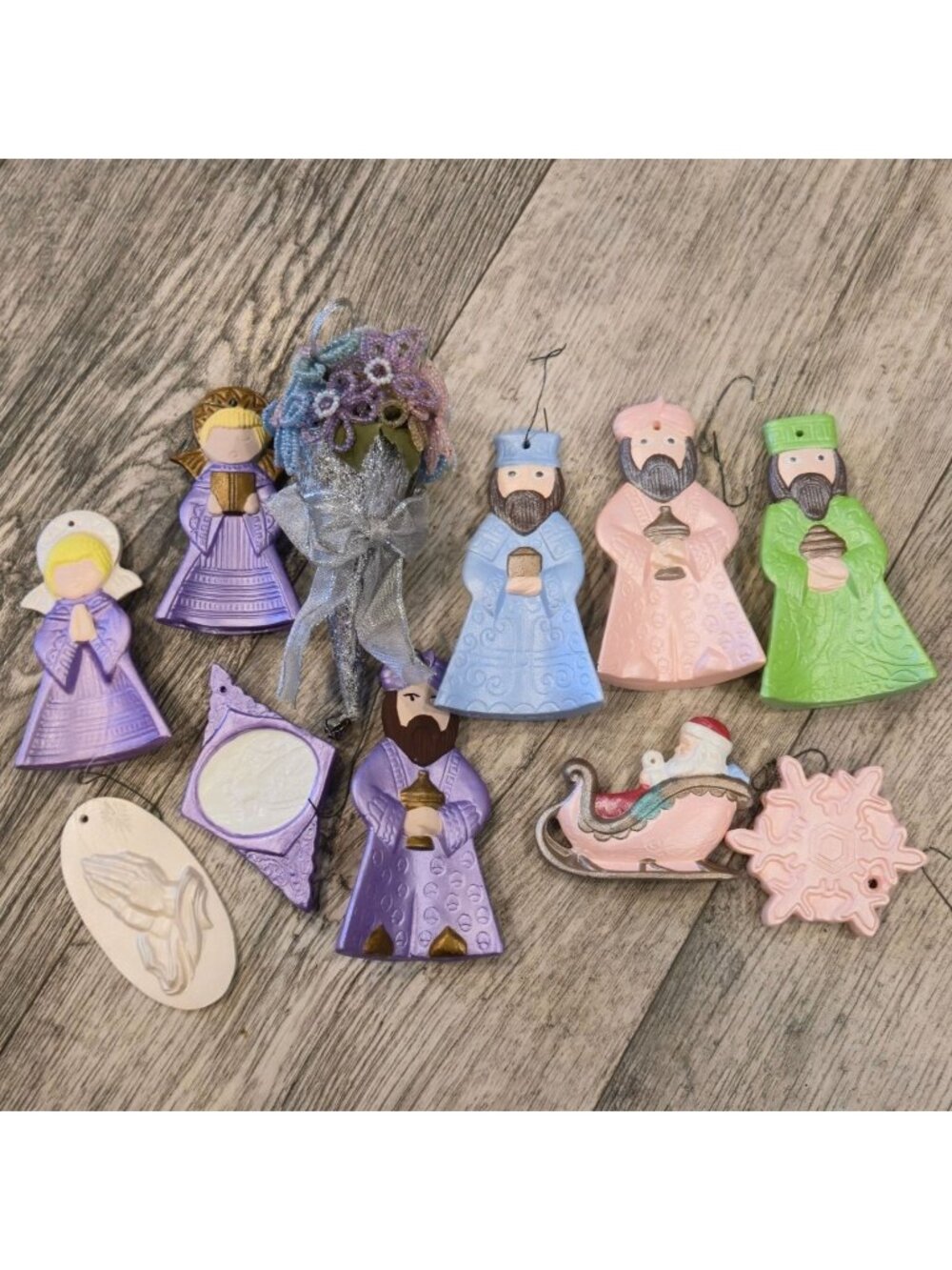 Pastel Vintage Christmas Ornaments Handmade Ceramic Angels Santa snow Metallic
